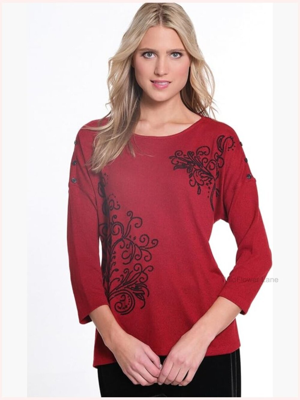 Dolman 3/4 Sleeve Wide Neck Button Shoulder Embellished Blouse Tunic Top